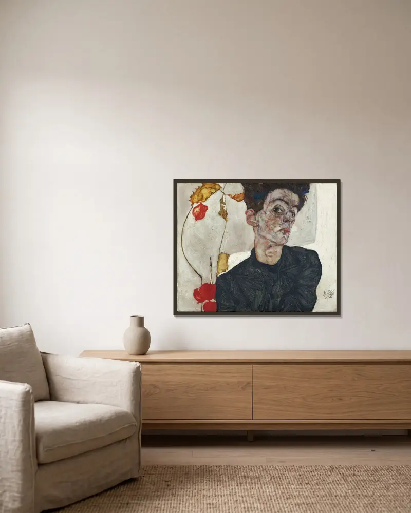 Autoportrét s mochlíkem, Egon Schiele v rámu na stěně