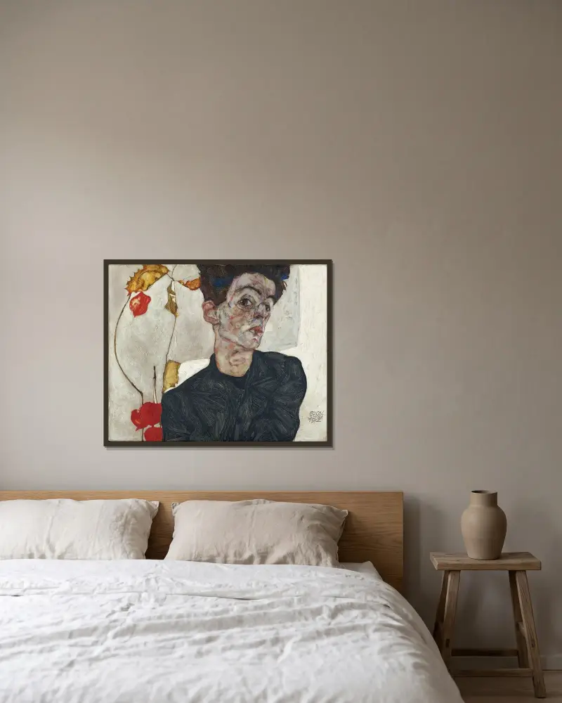 Autoportrét s mochlíkem, Egon Schiele v rámu na stěně