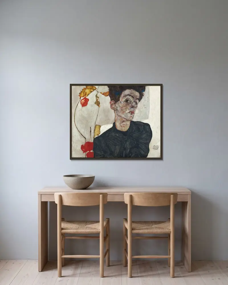 Autoportrét s mochlíkem, Egon Schiele v rámu na stěně