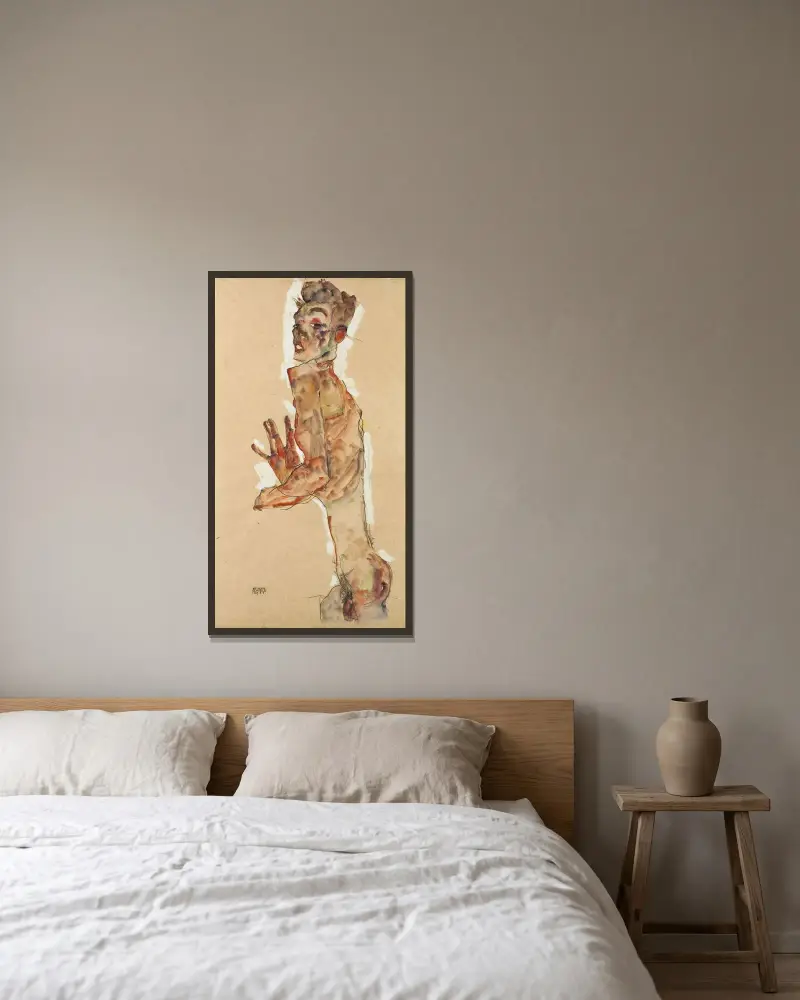 Self-Portrait with Splayed Fingers av Egon Schiele inramad på en vägg