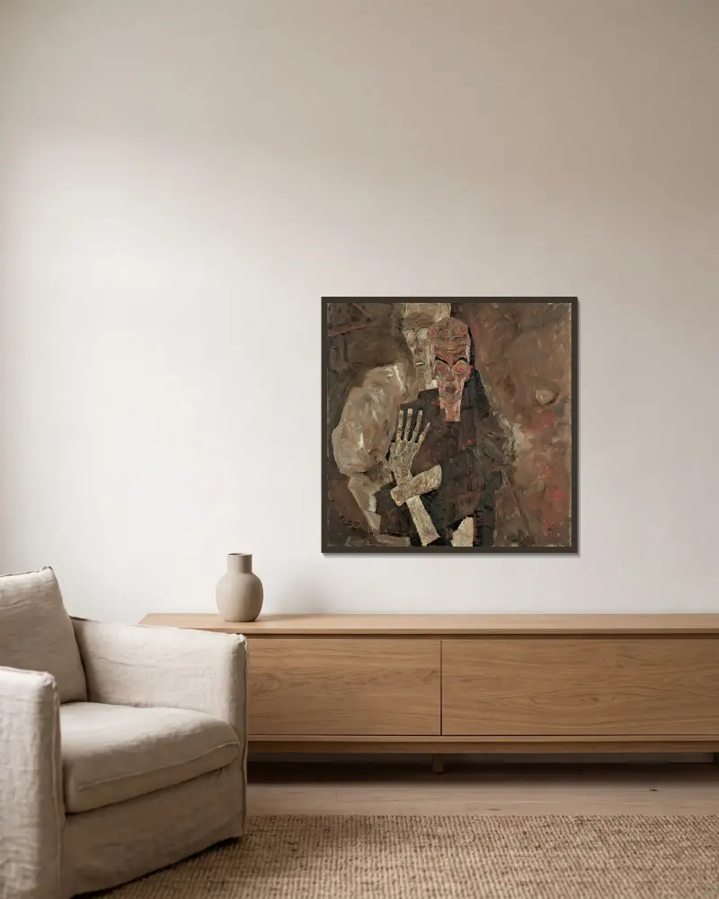 Selbstseher II (Der Tod und der Mann) von Egon Schiele gerahmt an einer Wand