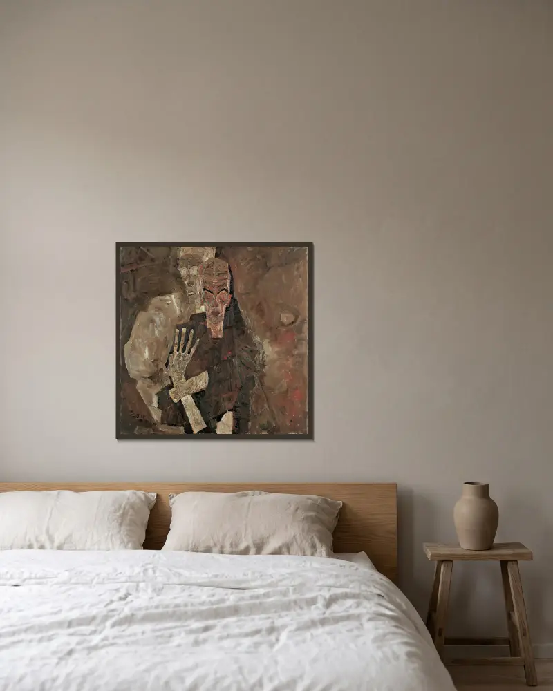 Selbstseher II (Der Tod und der Mann) von Egon Schiele gerahmt an einer Wand