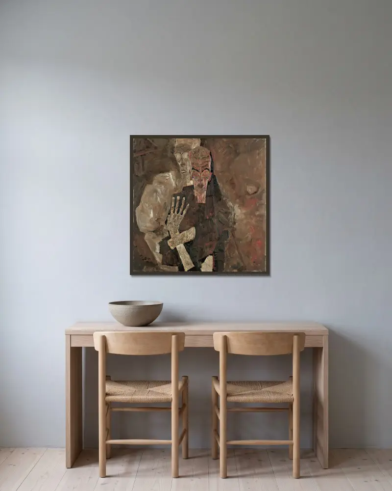 Selbstseher II (Der Tod und der Mann) von Egon Schiele gerahmt an einer Wand