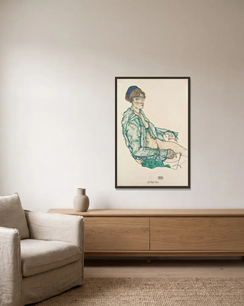 Sitting Semi-Nude with Blue Hairband av Egon Schiele inramad på en vägg