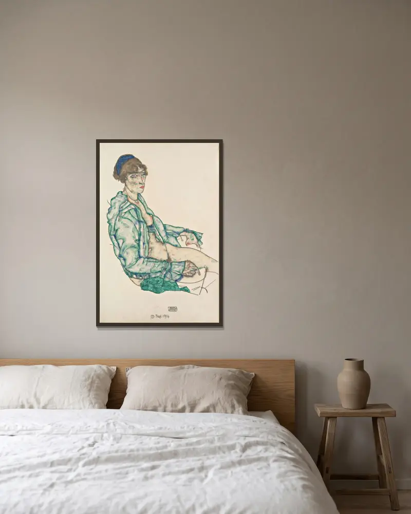 Sitting Semi-Nude with Blue Hairband av Egon Schiele inramad på en vägg