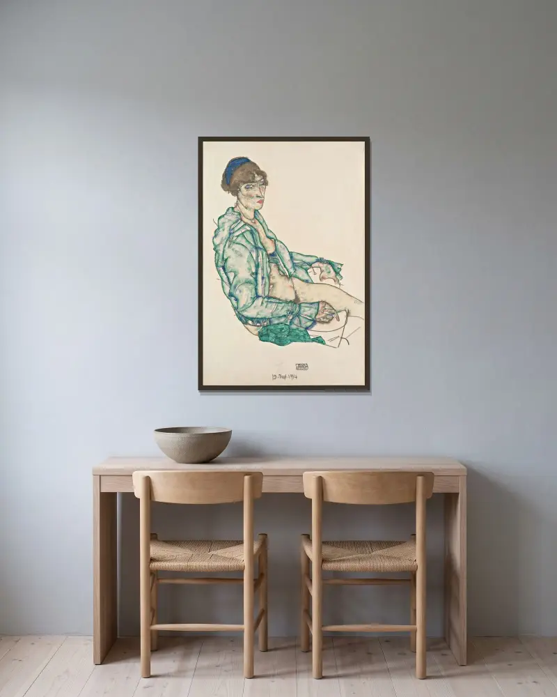 Sitting Semi-Nude with Blue Hairband av Egon Schiele inramad på en vägg