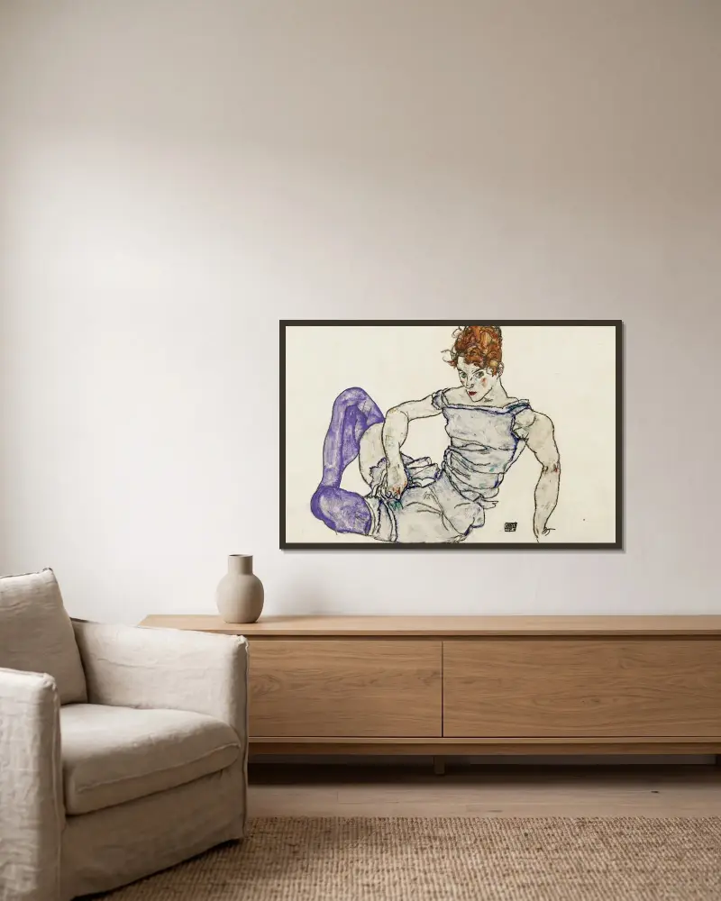 Sitzende Frau Mit Violetten Strümpfen (Seated Woman In Violet Stockings) av Egon Schiele inramad på en vägg