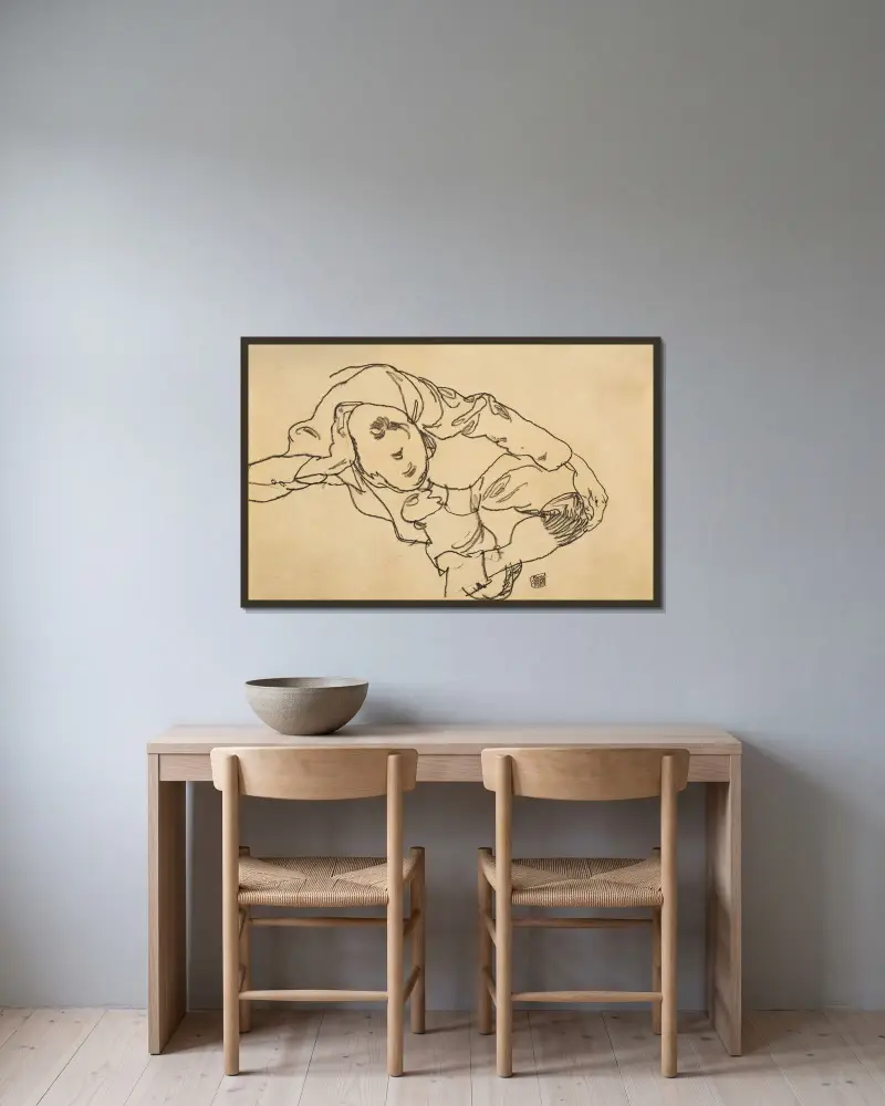 Sitzender Knabe, Draufsicht von Egon Schiele gerahmt an einer Wand