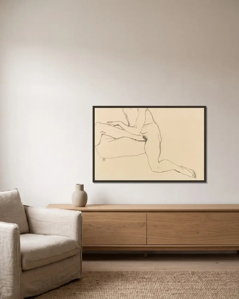 Sitzendes Mädchen mit ausgestrecktem Arm und Bein av Egon Schiele inramad på en vägg