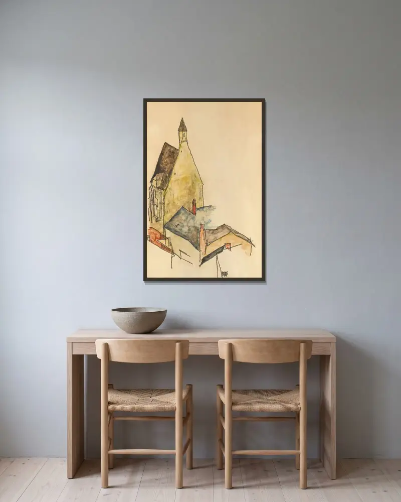 Spitalskirche, Mödling von Egon Schiele gerahmt an einer Wand