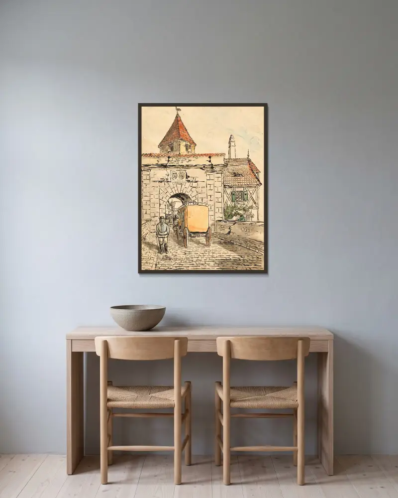 Městská brána s kočárem (studentská práce), Egon Schiele v rámu na stěně