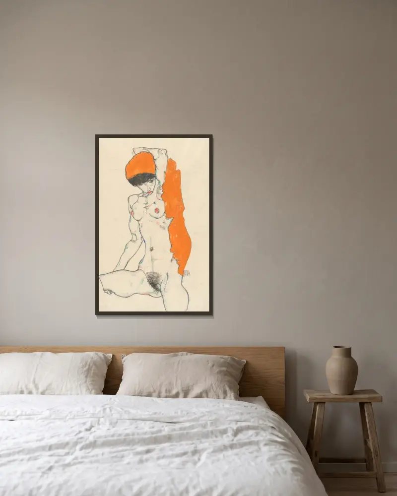 Standing Nude with Orange Drapery av Egon Schiele inramad på en vägg