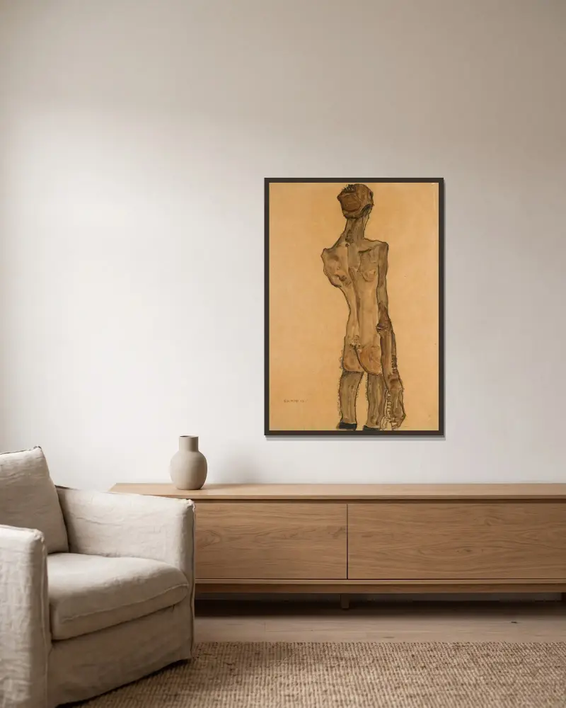 Stehender Männlicher Rückenakt (Standing Male Nude, Back View) av Egon Schiele inramad på en vägg