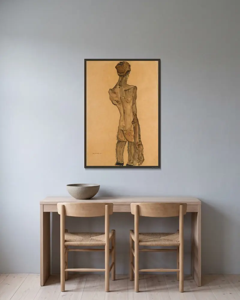 Stehender Männlicher Rückenakt (Standing Male Nude, Back View) av Egon Schiele inramad på en vägg