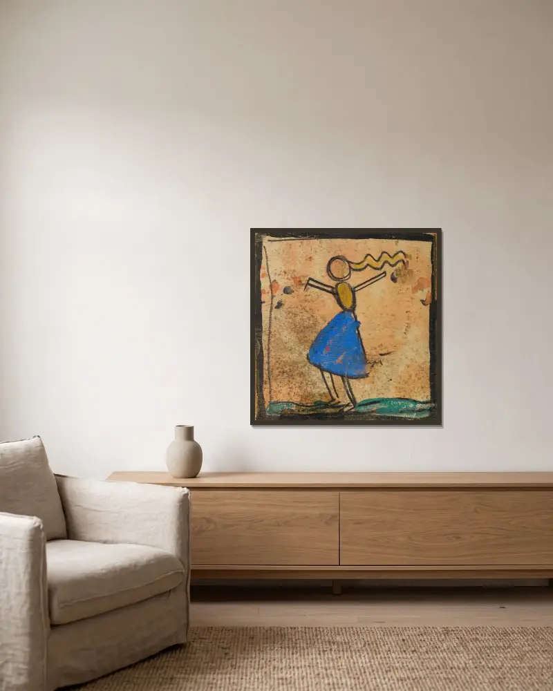 Tänzerin mit blauem Rock von Egon Schiele gerahmt an einer Wand