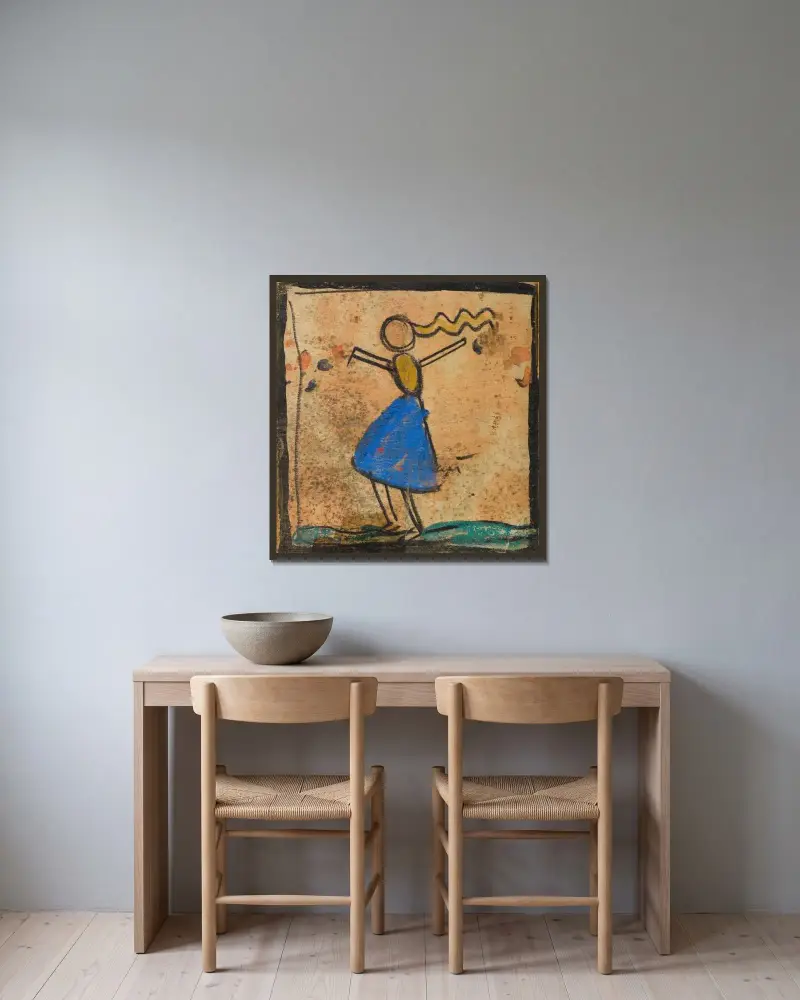 Tänzerin mit blauem Rock von Egon Schiele gerahmt an einer Wand