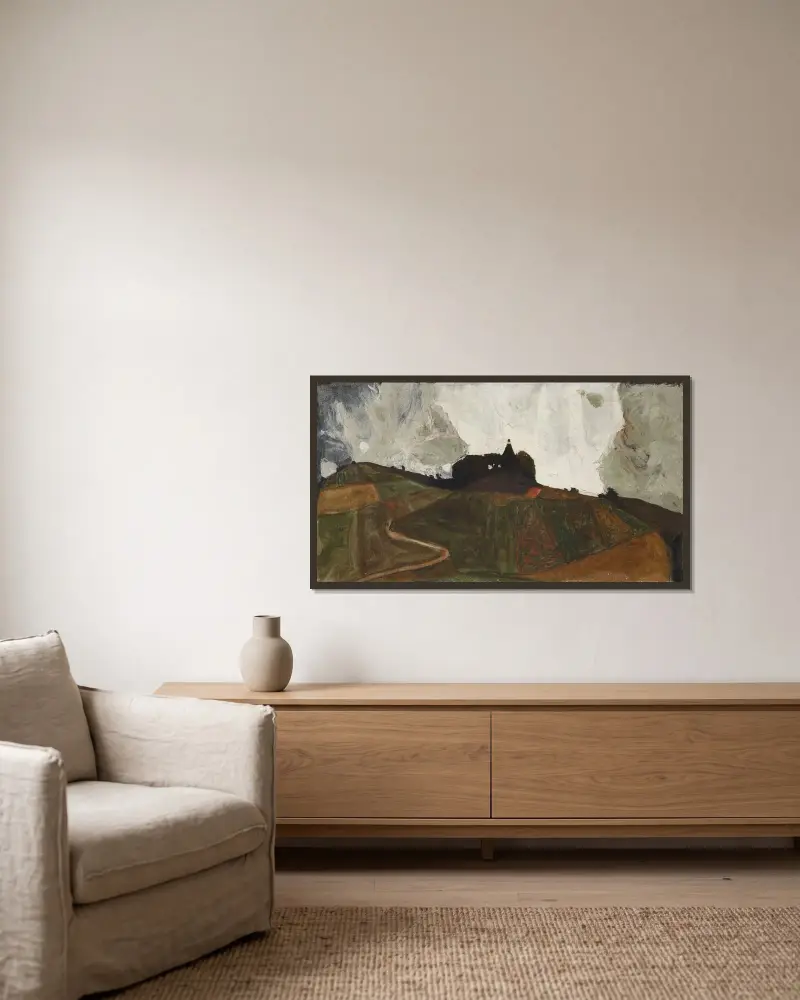 Das Gewitterberg (Kapelle am Kreuzberg bei Krumau) von Egon Schiele gerahmt an einer Wand