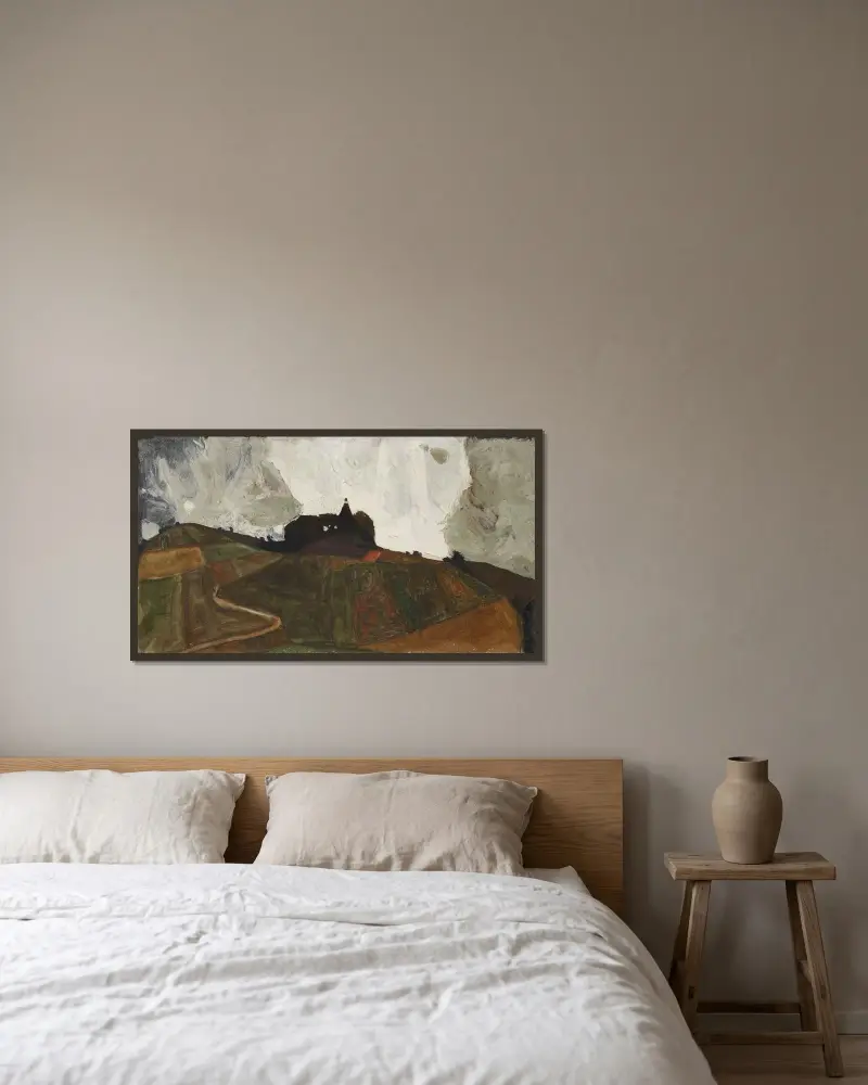 Das Gewitterberg (Kapelle am Kreuzberg bei Krumau) von Egon Schiele gerahmt an einer Wand
