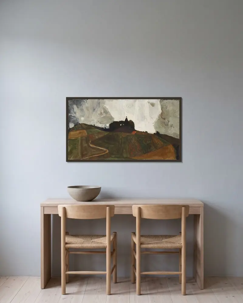 Das Gewitterberg (Kapelle am Kreuzberg bei Krumau) von Egon Schiele gerahmt an einer Wand