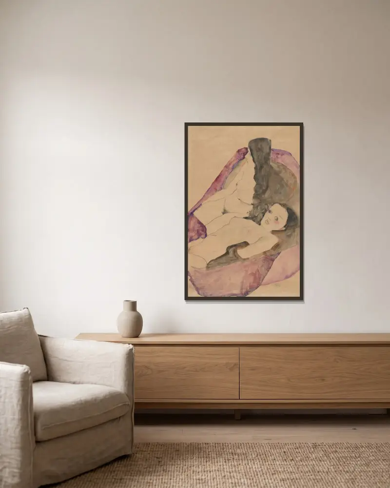 Zwei liegende Akte von Egon Schiele gerahmt an einer Wand