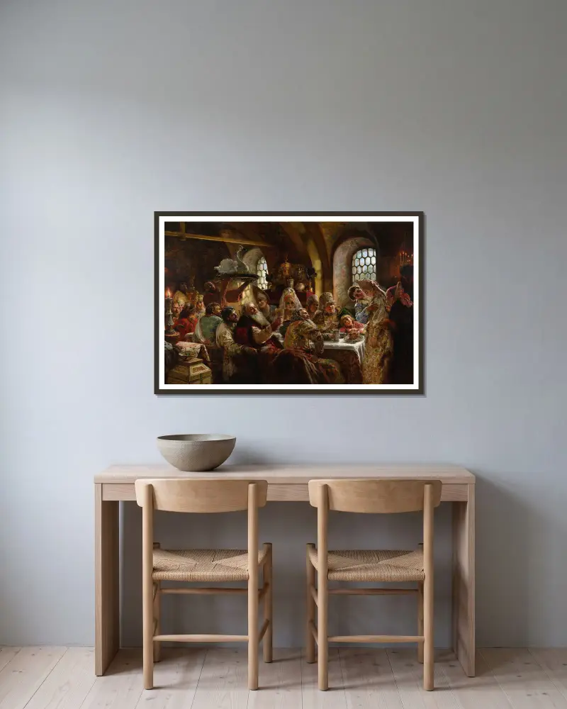 Ein Bojarenhochzeitsfest von Konstantin Egorovich Makovsky gerahmt an einer Wand