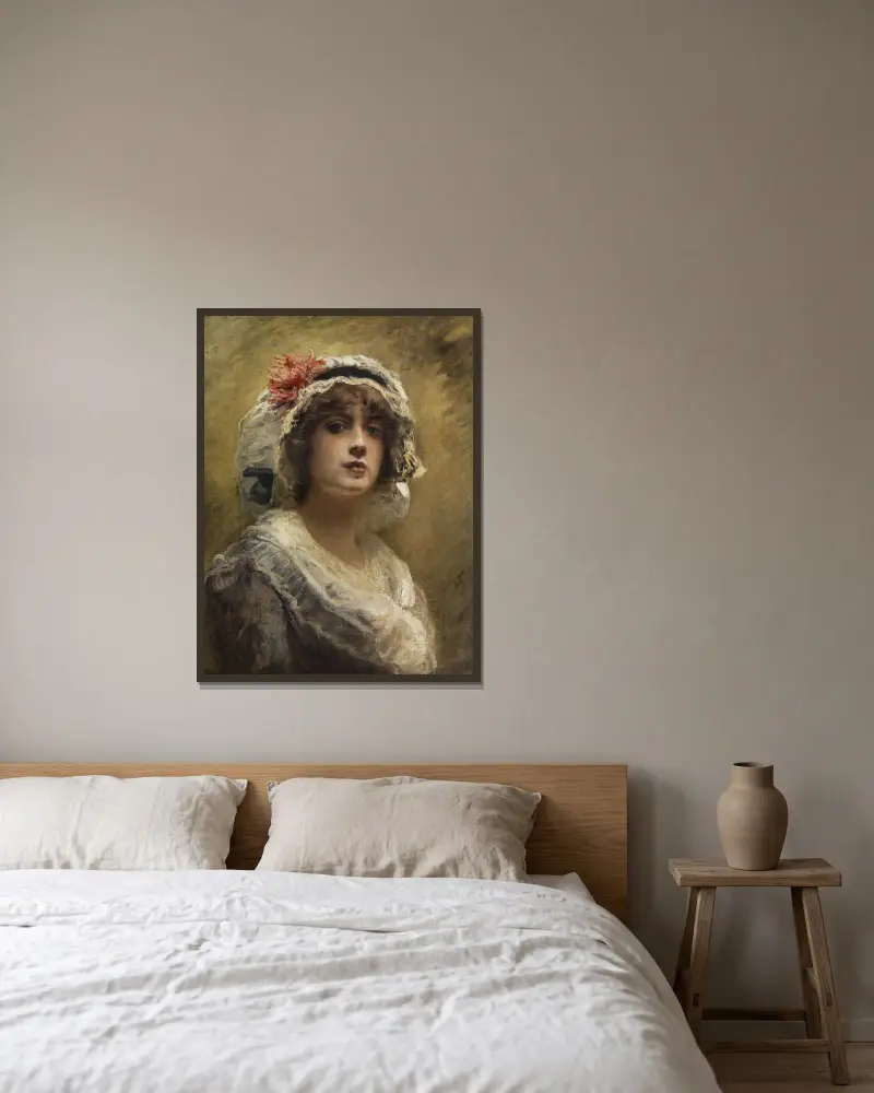 Bildnis eines jungen Mädchens mit weißer Tuchhaube av Konstantin Egorovich Makovsky inramad på en vägg