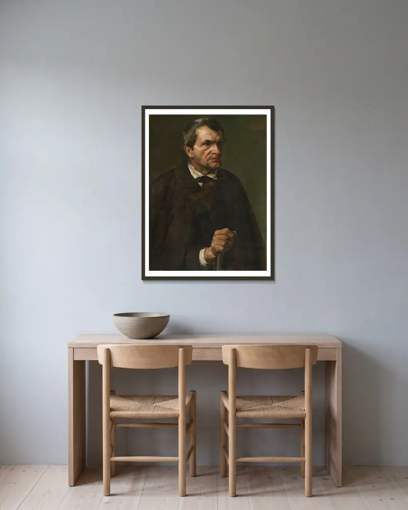 Figur Study of the Farmer Florian Killian av Eilif Peterssen inramad på en vägg