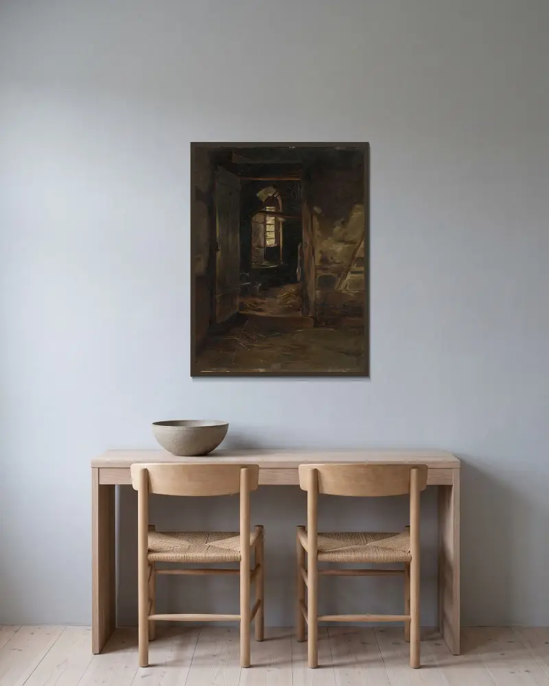 Interiér z kravína, Eilif Peterssen v rámu na stěně