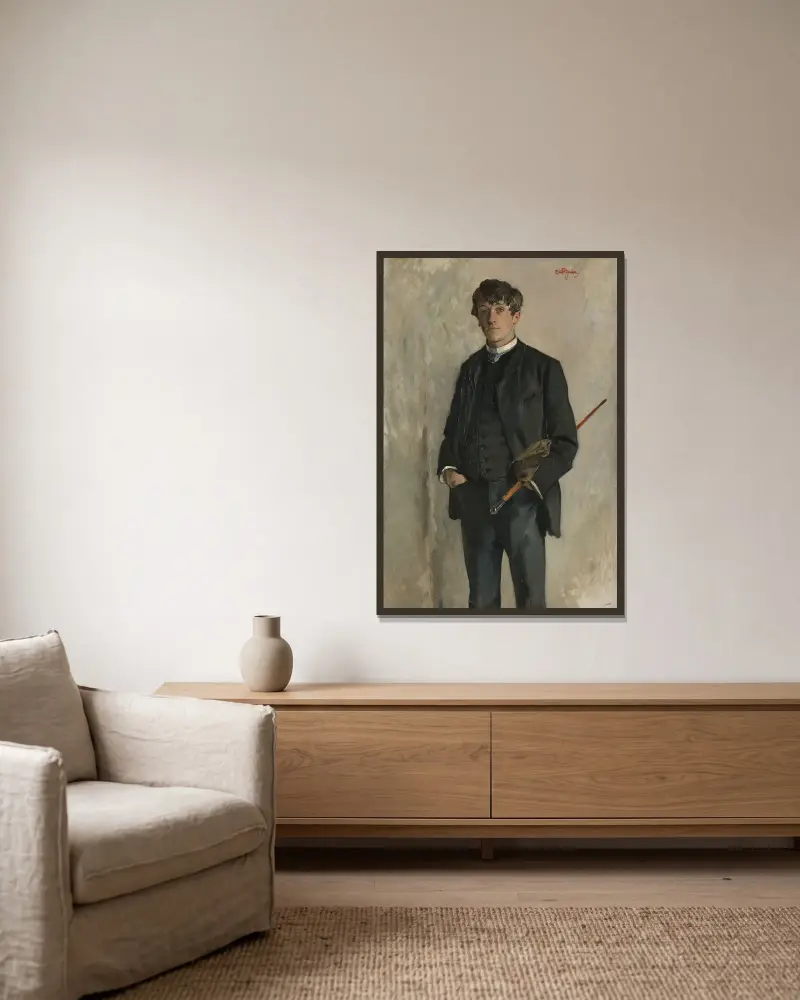 Portrait of the Painter Kalle Løchen av Eilif Peterssen inramad på en vägg