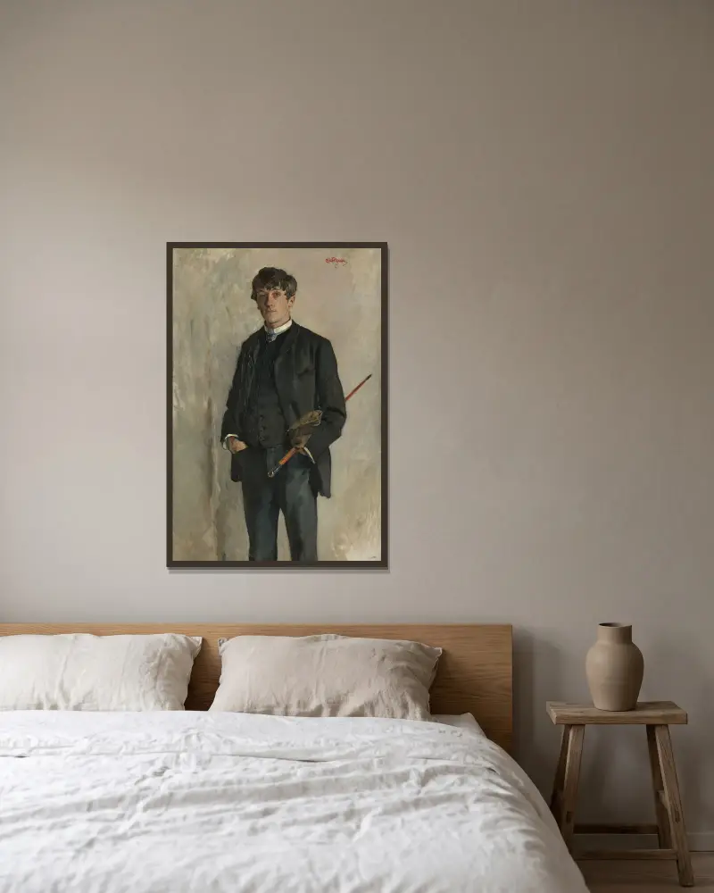 Portrait of the Painter Kalle Løchen av Eilif Peterssen inramad på en vägg