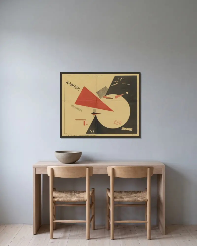 Beat The Whites With The Red Wedge av El Lissitzky inramad på en vägg