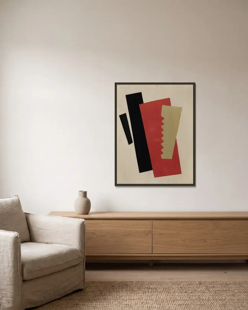 Komposition (Rot-Schwarz-Gold) von El Lissitzky gerahmt an einer Wand