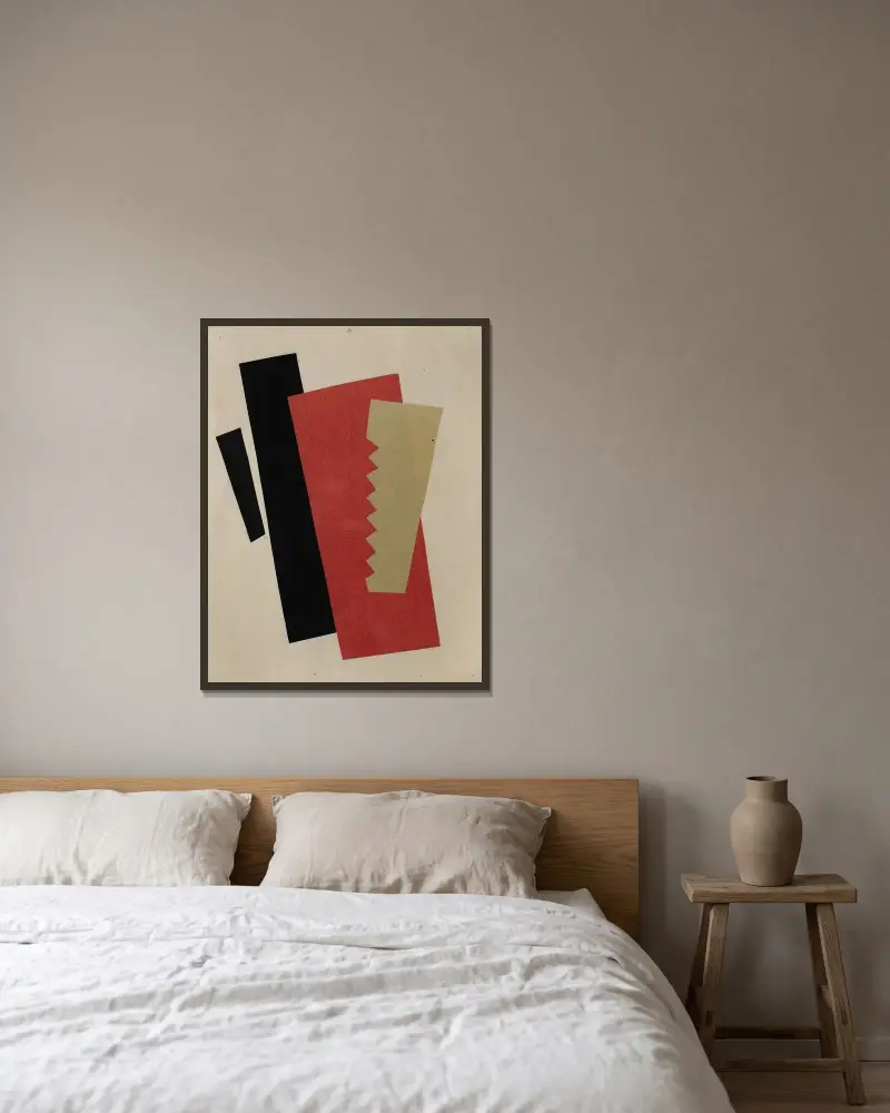 Komposition (Rot-Schwarz-Gold) von El Lissitzky gerahmt an einer Wand