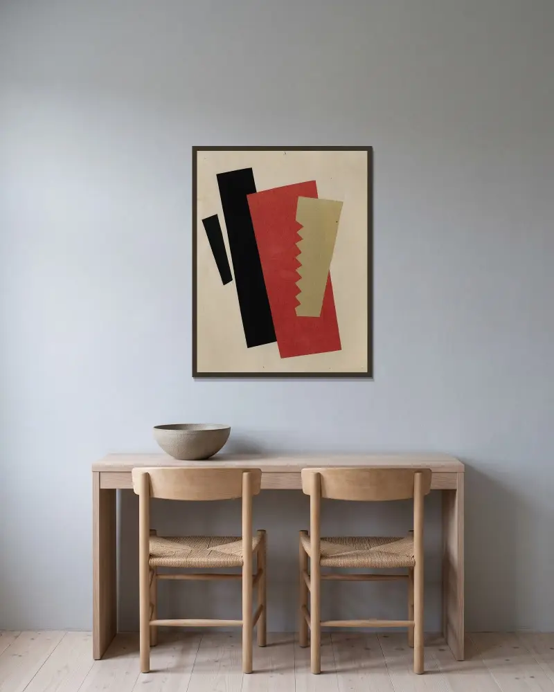 Komposition (Rot-Schwarz-Gold) von El Lissitzky gerahmt an einer Wand