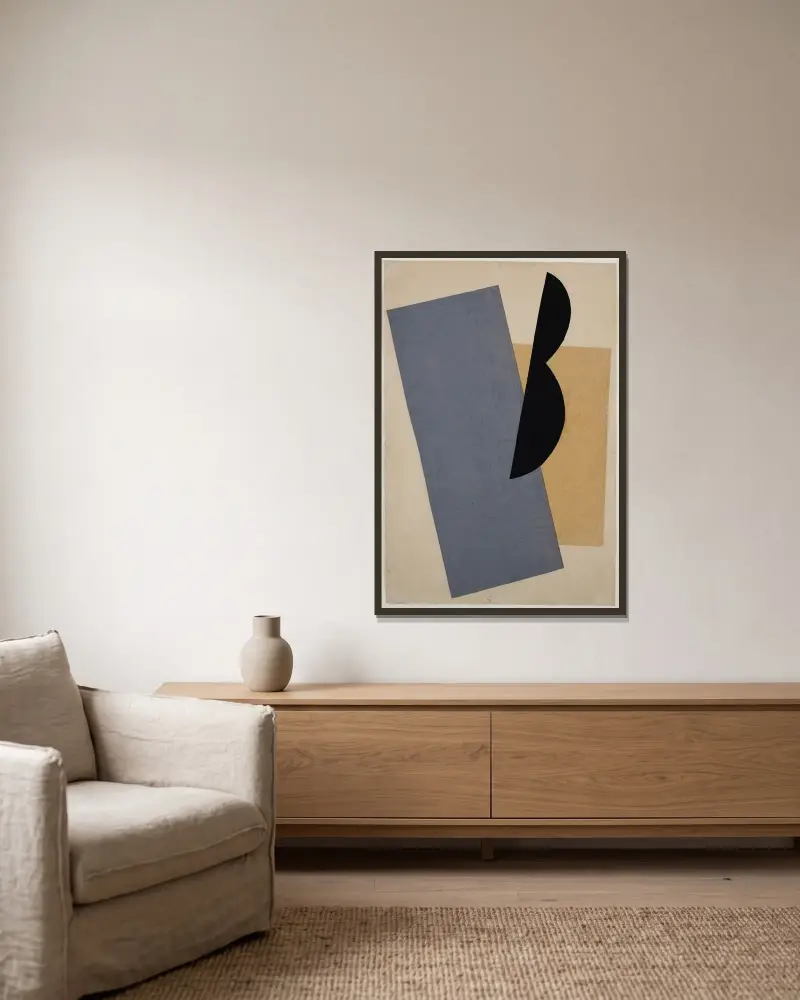 Komposition (Blau-Gelb-Schwarz) von El Lissitzky gerahmt an einer Wand