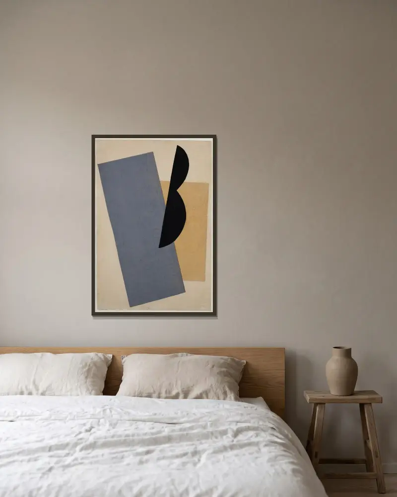 Komposition (Blau-Gelb-Schwarz) von El Lissitzky gerahmt an einer Wand