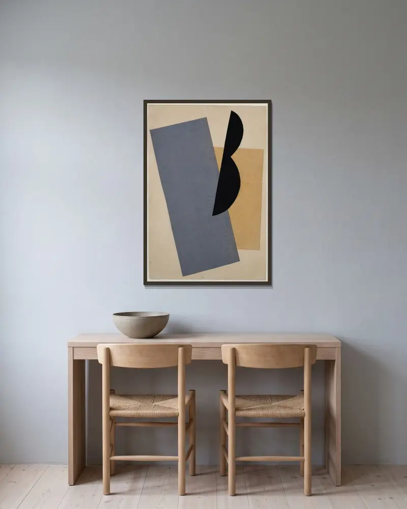 Komposition (Blau-Gelb-Schwarz) von El Lissitzky gerahmt an einer Wand