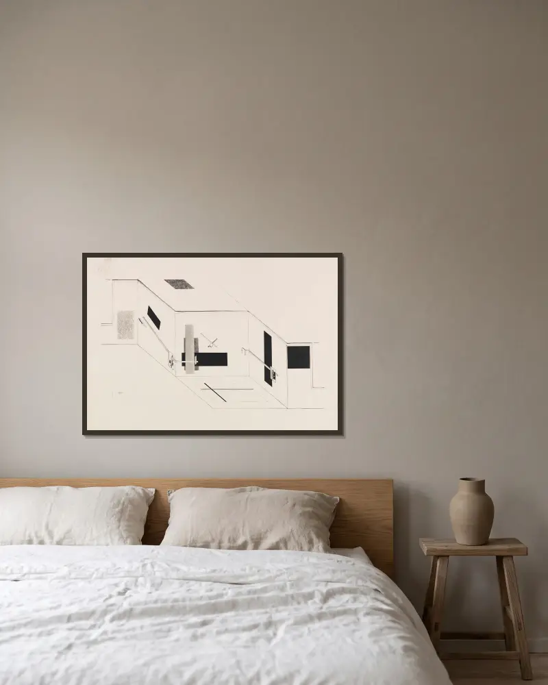 Der Prounenraum – Blatt 5 der I. Kestnermappe, Proun von El Lissitzky gerahmt an einer Wand