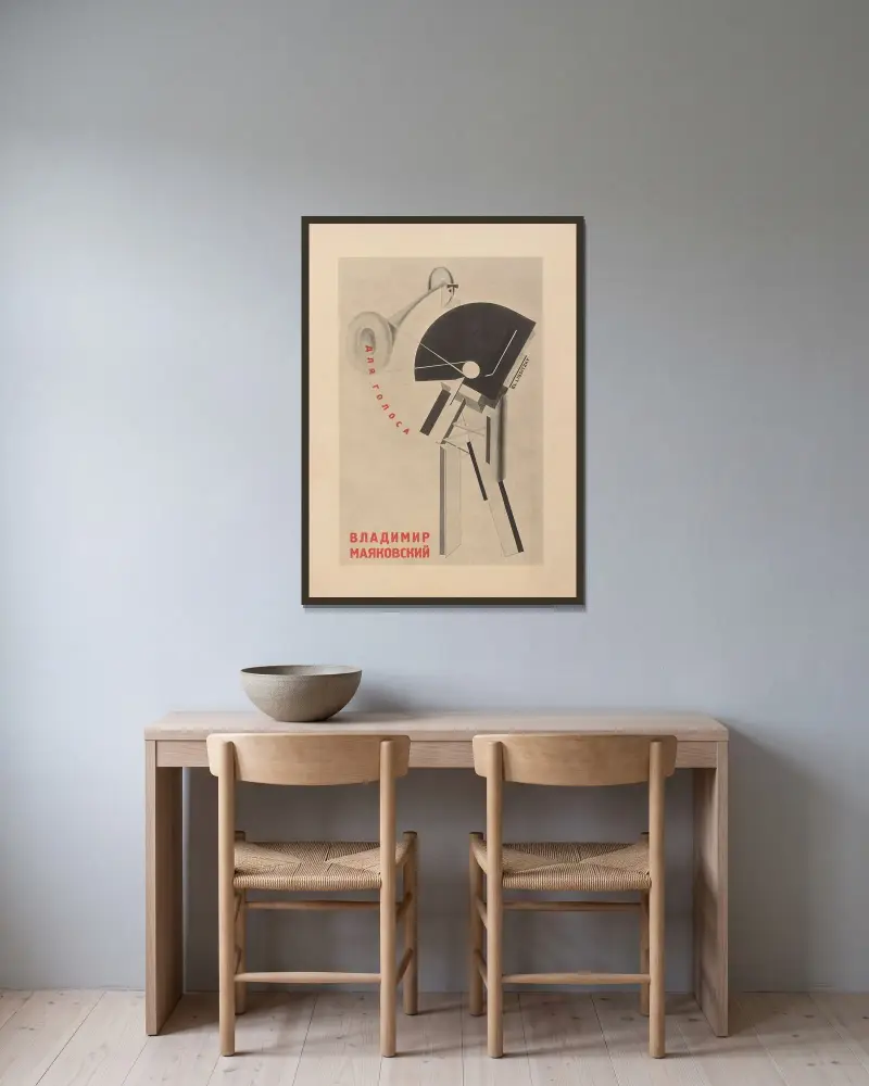 Dli︠a︡ golosa Pl.02 av El Lissitzky inramad på en vägg