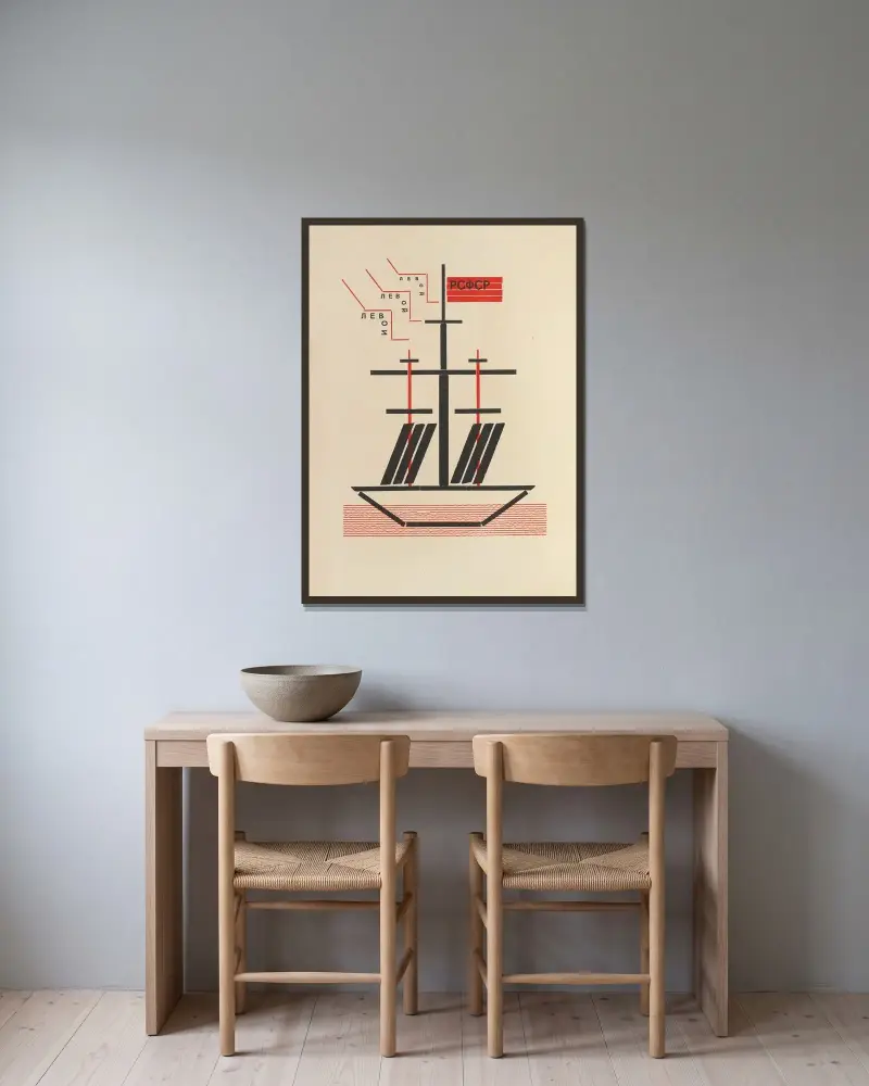 Dli︠a︡ golosa Pl.04 av El Lissitzky inramad på en vägg