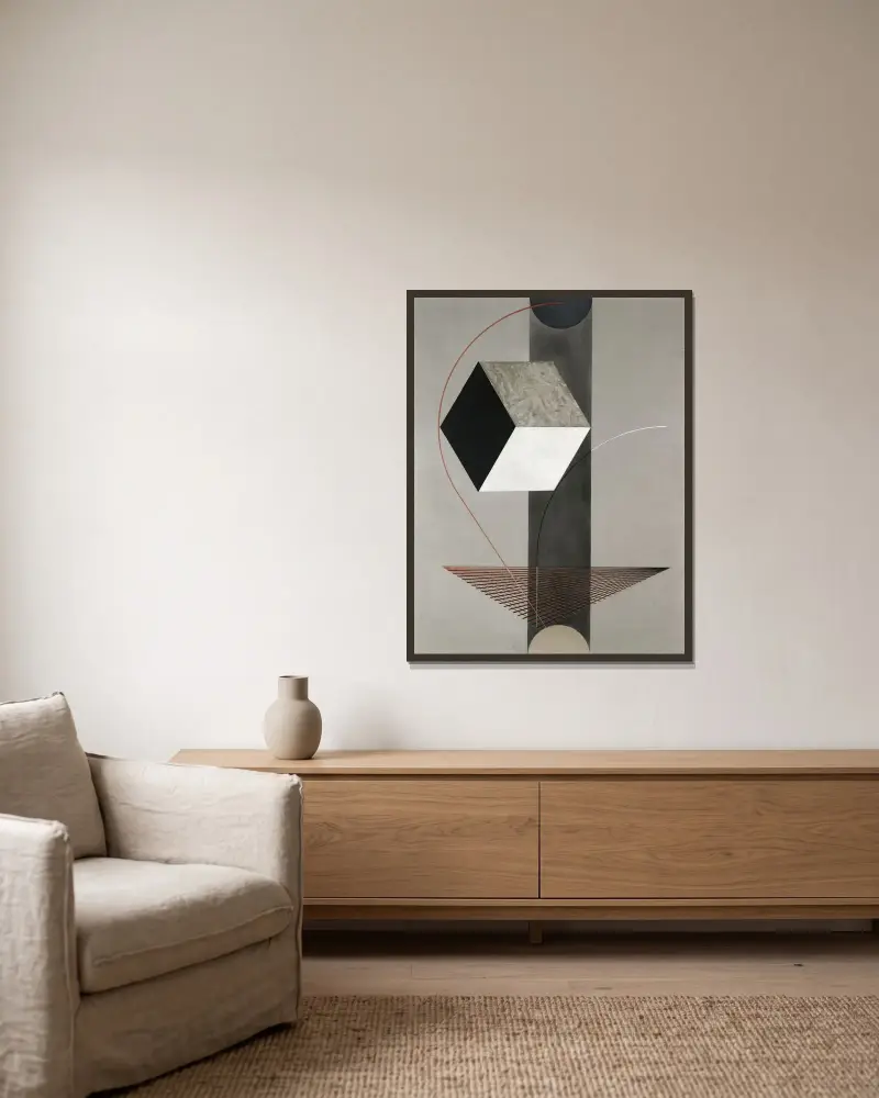 Proun 99 av El Lissitzky inramad på en vägg