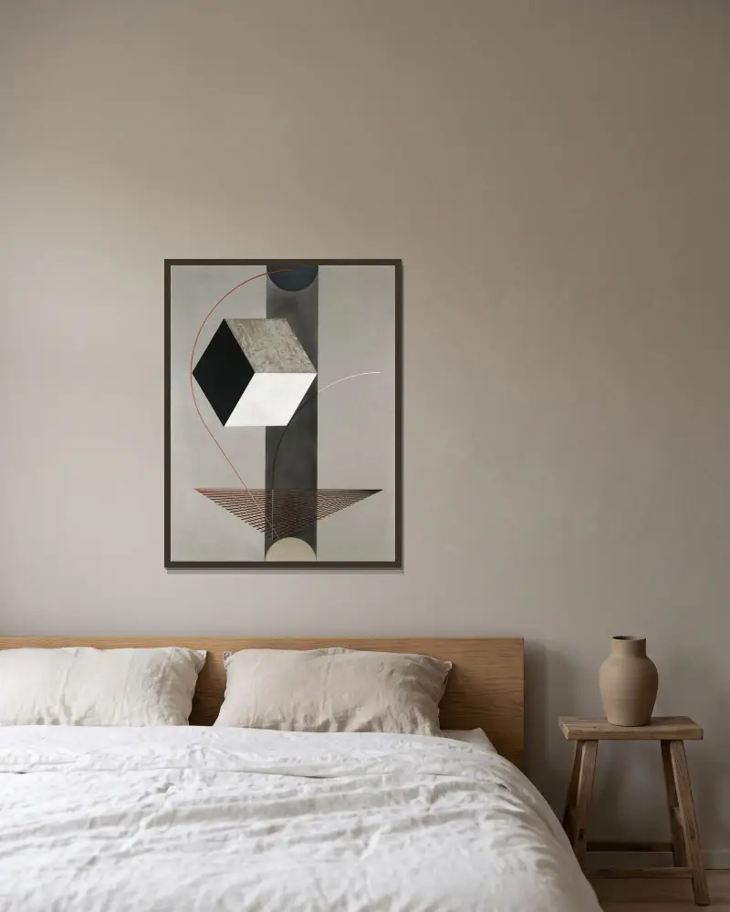 Proun 99 av El Lissitzky inramad på en vägg