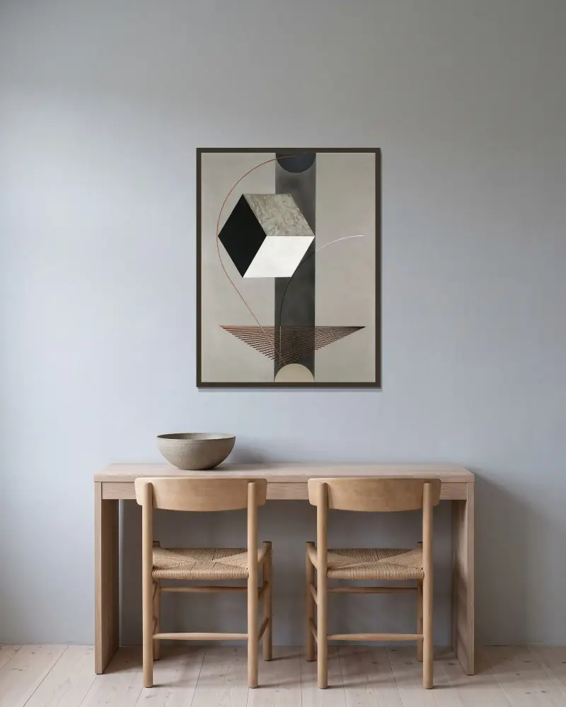 Proun 99 av El Lissitzky inramad på en vägg