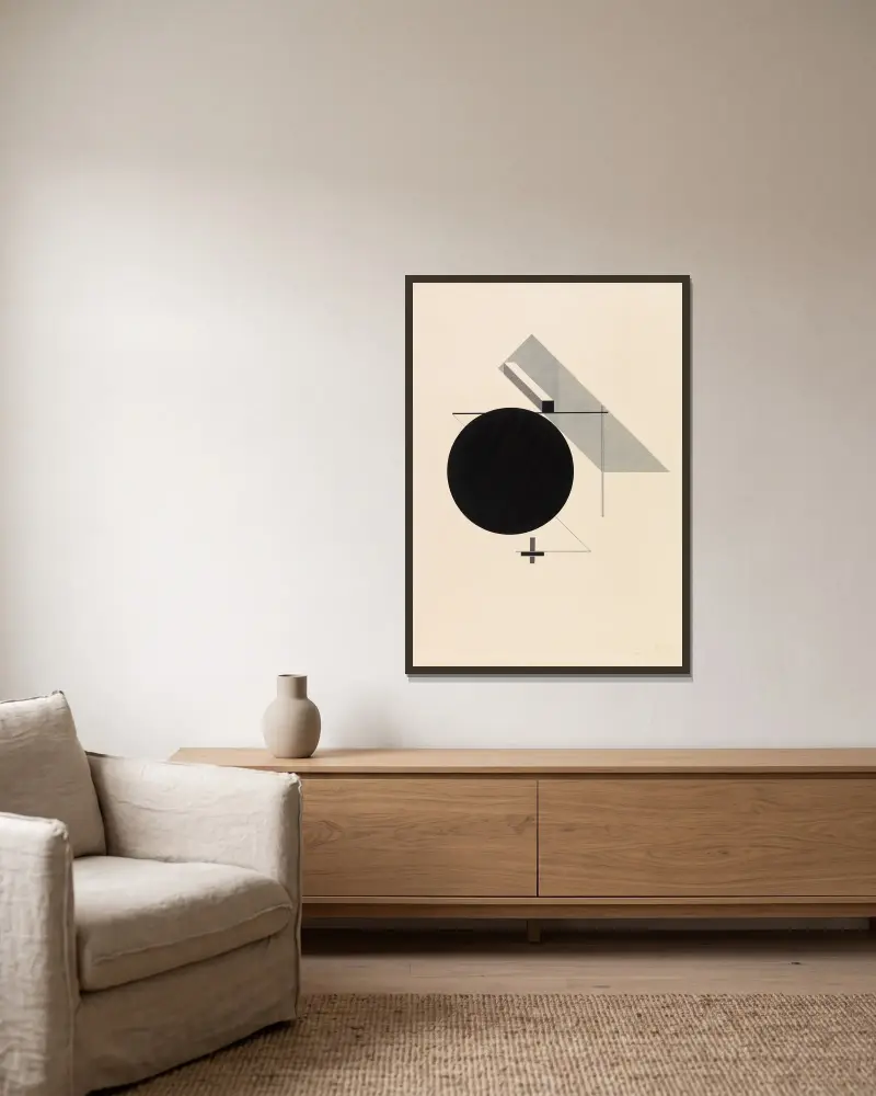 Proun IV – Blatt 4 der I. Kestnermappe, Proun av El Lissitzky inramad på en vägg