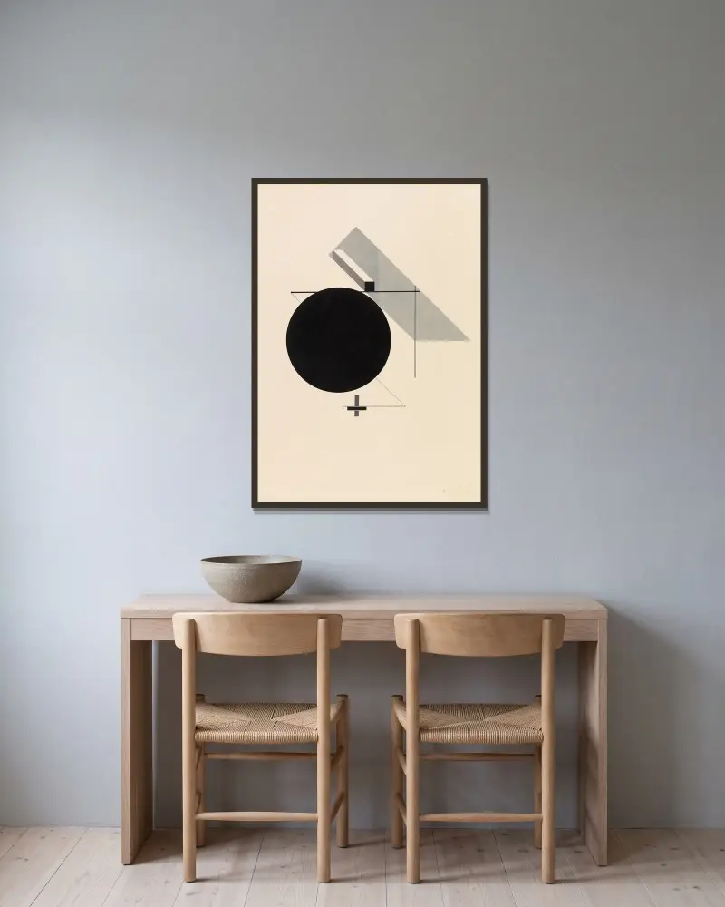 Proun IV – Blatt 4 der I. Kestnermappe, Proun av El Lissitzky inramad på en vägg