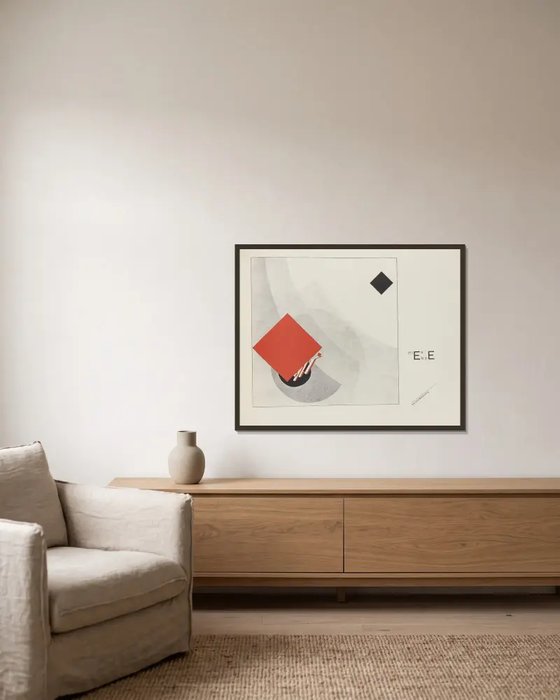 Suprematisk uppbyggnad av två kvadratiska element i 6 konstruktioner, pl. 1 av El Lissitzky inramad på en vägg