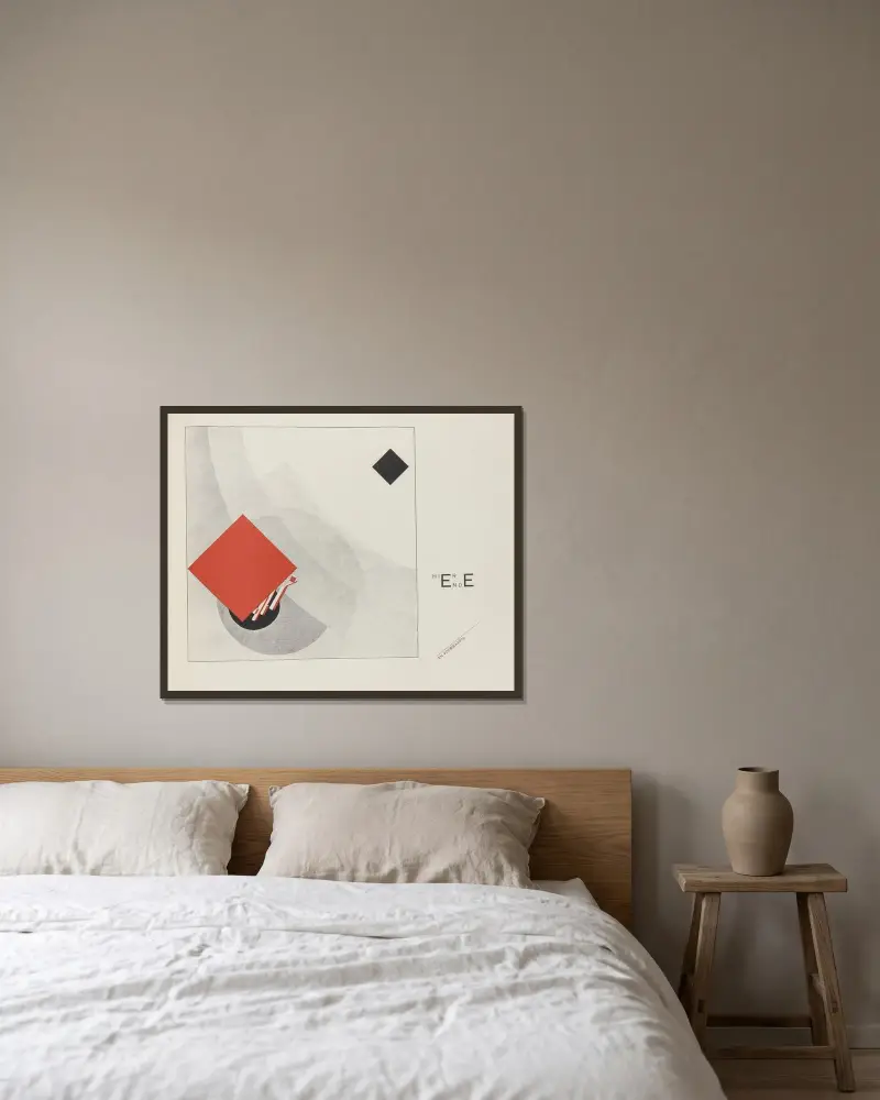Suprematisk uppbyggnad av två kvadratiska element i 6 konstruktioner, pl. 1 av El Lissitzky inramad på en vägg