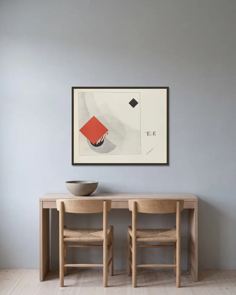 Suprematisk uppbyggnad av två kvadratiska element i 6 konstruktioner, pl. 1 av El Lissitzky inramad på en vägg