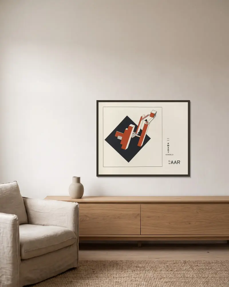 Suprematisch worden van tWee kWA drA ten in 6 konstrukties Pl. 10 av El Lissitzky inramad på en vägg