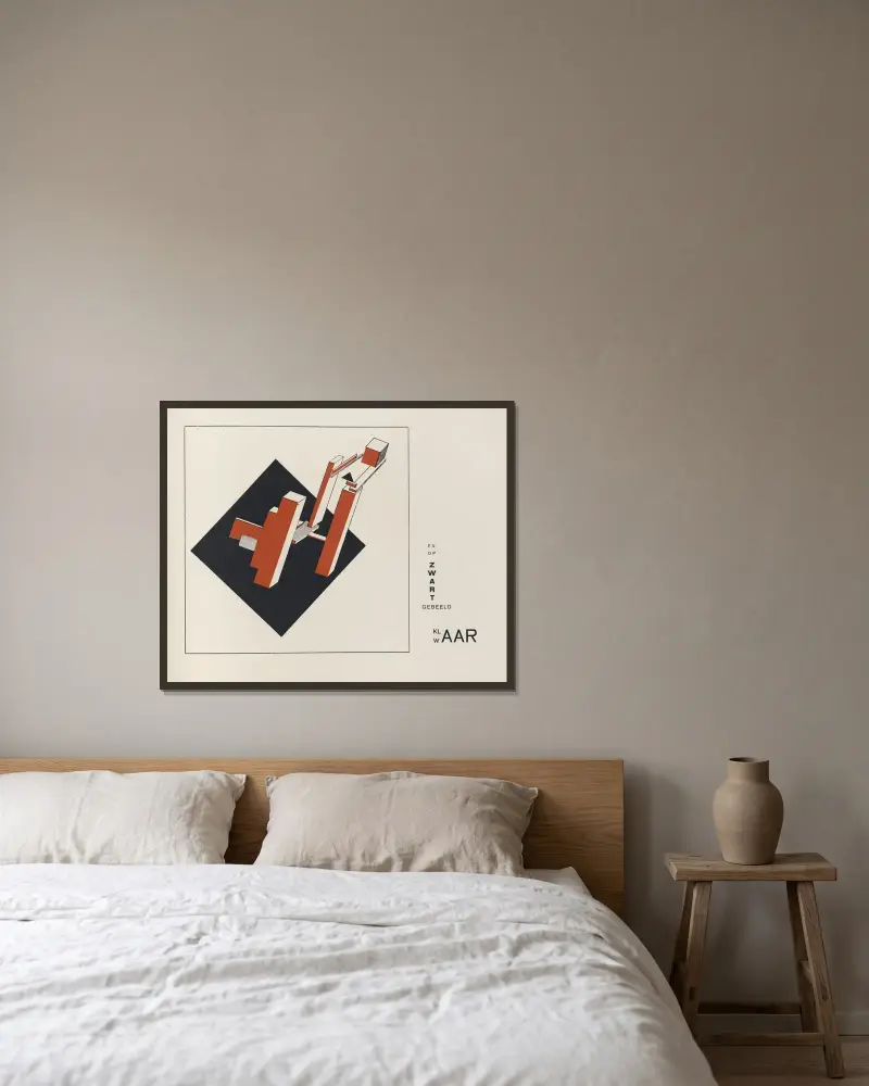 Suprematisch worden van tWee kWA drA ten in 6 konstrukties Pl. 10 av El Lissitzky inramad på en vägg